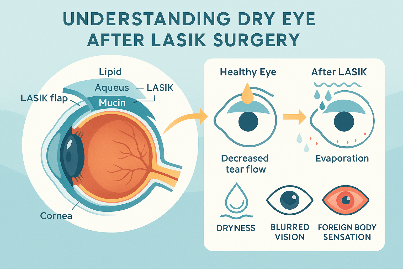How to Manage Dry Eyes after Laser Eye Surgery: Tips for Eyes Care after LASIK Surgery 1 Educational infographic showing a cross-section of the human eye comparing healthy and post-LASIK tear production, with the cornea, tear film layers, LASIK flap, irritation icons, evaporation symbols, and callouts for dry eye symptoms on a clean, modern blue background.